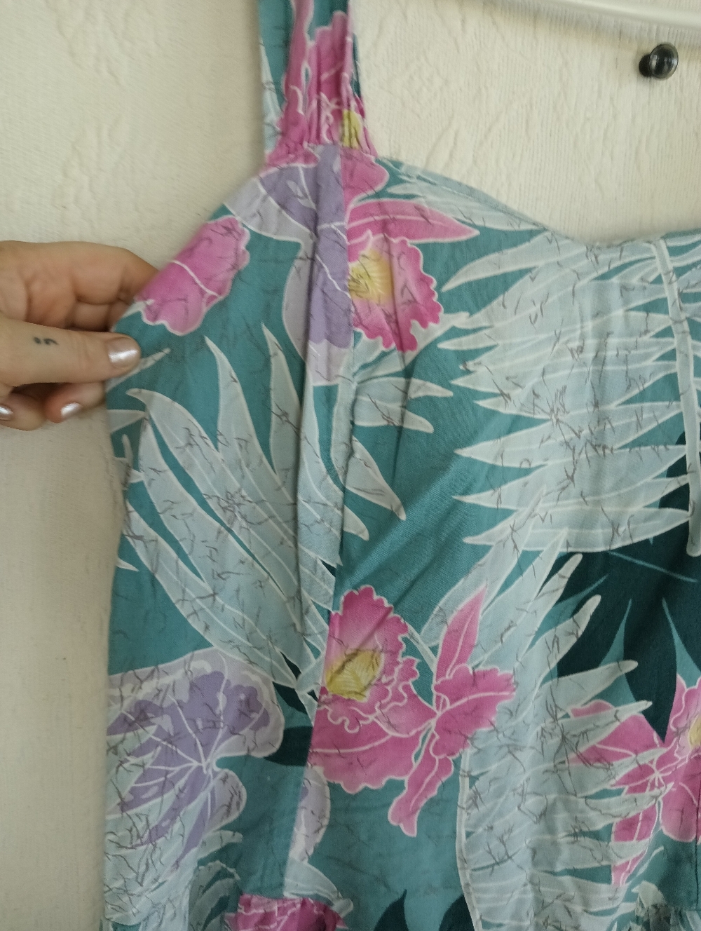 Hilo Hattie Teal Floral Midi Dress with Pink & Lavender Blooms Sun Dress Ruched - Picture 6 of 14